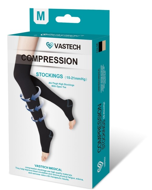 Class 1 Black Thigh High Open Toe Compression Stockings