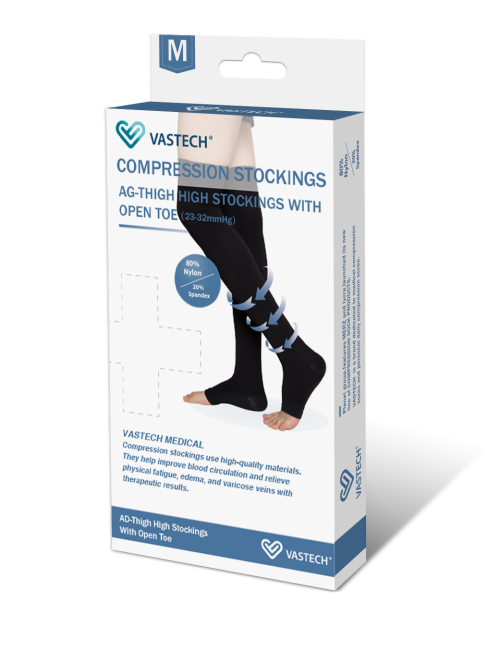 Class 2 Black Thigh High Open Toe Compression Stockings