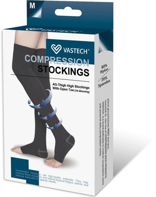 Class 3 Black Thigh High Open Toe Compression Stockings
